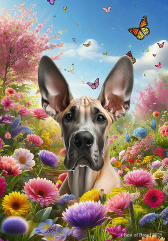 Great Dane Fawn Cropped - Best of Breed  Spring Butterflies Outdoor House and Garden Flag