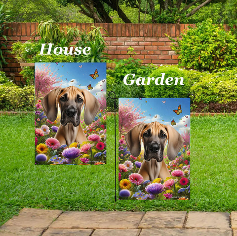 Great Dane Fawn Uncropped - Best of Breed  Spring Butterflies Outdoor House and Garden Flag