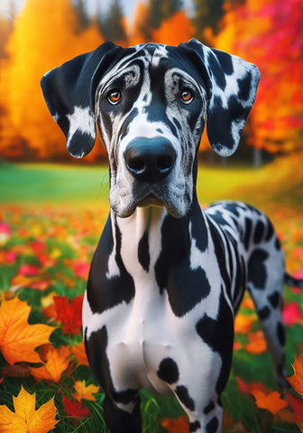 Great Dane Harlequin Uncropped - Best of Breed DCR Falling Leaves Outdoor Flag