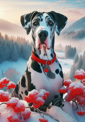 Great Dane Harlequin Uncropped - Best of Breed DCR Winter Berries Outdoor House and Garden Flag