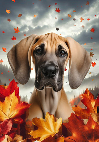 Great Dane Fawn Uncropped - Best of Breed  Fall Leaves Outdoor House and Garden Flag