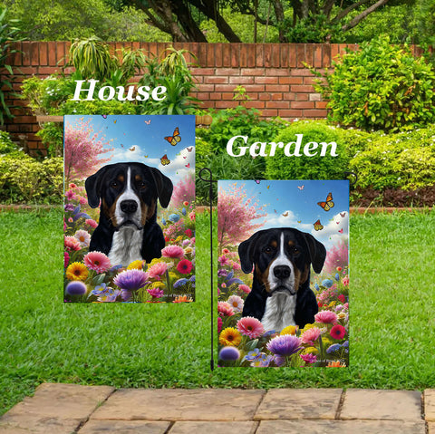 Greater Swiss Mountain Dog - Best of Breed  Spring Butterflies Outdoor House and Garden Flag