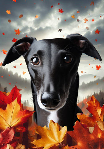 Greyhound Black -  Best of Breed  Fall Leaves Outdoor House and Garden Flag