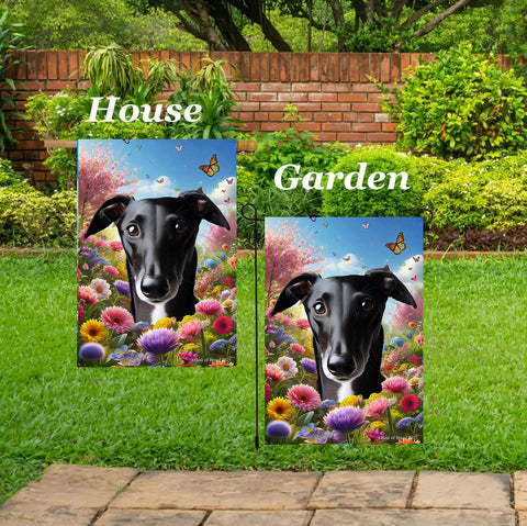 Greyhound Black -  Best of Breed  Spring Butterflies Outdoor House and Garden Flag