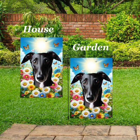 Greyhound Black -  Best of Breed  Summer Butterflies Outdoor House and Garden Flag