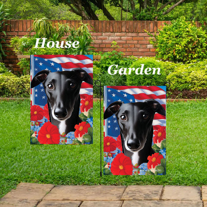 Greyhound Black -  Best of Breed  Patriotic I All-American Outdoor House and Garden Flag
