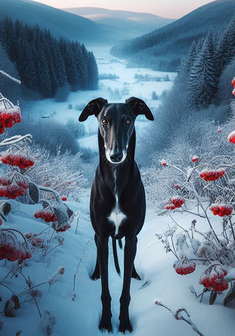 Greyhound Black - Best of Breed DCR Winter Berries Outdoor House and Garden Flag