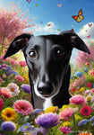 Greyhound Black -  Best of Breed  Spring Butterflies Outdoor House and Garden Flag