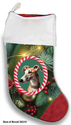 Greyhound Fawn - Best of Breed  Christmas Stocking 13.5"  Red Gaming Cloth with Red Lining ,Plush White Cuff
