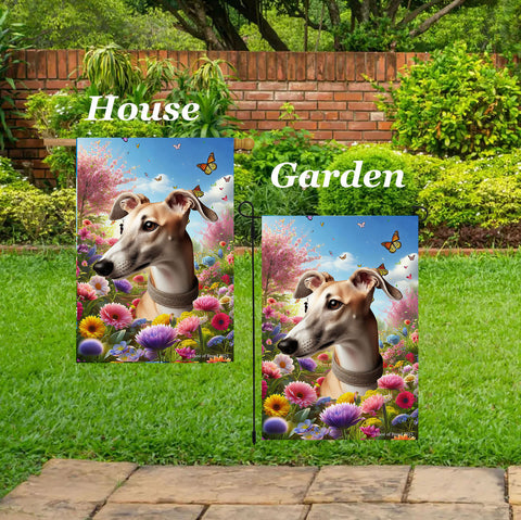 Greyhound Fawn - Best of Breed  Spring Butterflies Outdoor House and Garden Flag