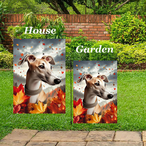 Greyhound Fawn - Best of Breed  Fall Leaves Outdoor House and Garden Flag