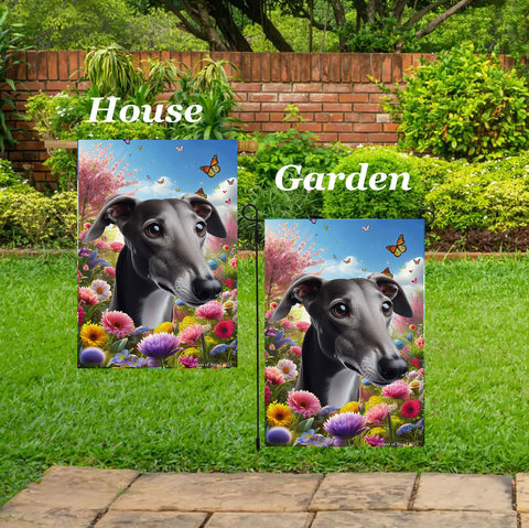 Greyhound Grey - Best of Breed  Spring Butterflies Outdoor House and Garden Flag