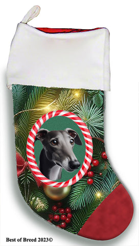 Greyhound Grey - Best of Breed  Christmas Stocking 13.5"  Red Gaming Cloth with Red Lining ,Plush White Cuff