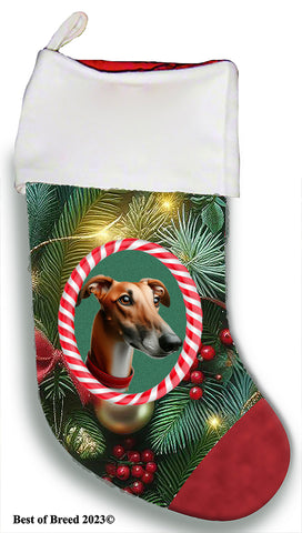 Greyhound Red - Best of Breed  Christmas Stocking 13.5"  Red Gaming Cloth with Red Lining ,Plush White Cuff