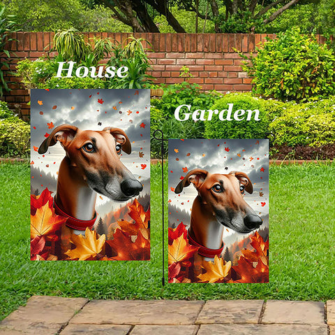 Greyhound Red - Best of Breed  Fall Leaves Outdoor House and Garden Flag