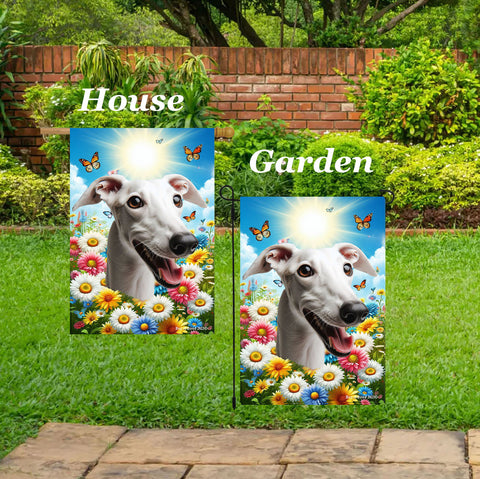 Greyhound White -  Best of Breed  Summer Butterflies Outdoor House and Garden Flag