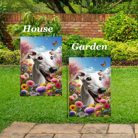 Greyhound White -  Best of Breed  Spring Butterflies Outdoor House and Garden Flag