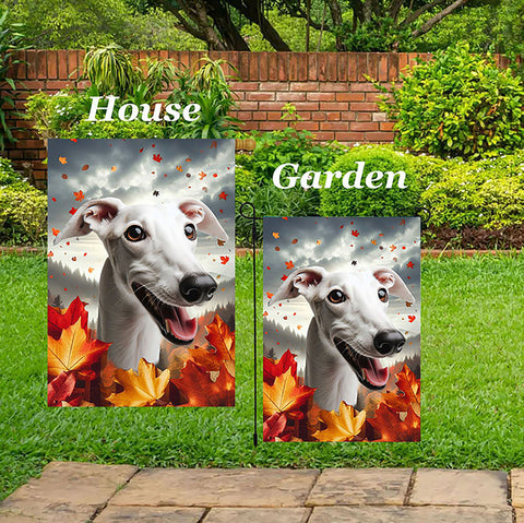 Greyhound White -  Best of Breed  Fall Leaves Outdoor House and Garden Flag
