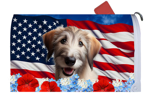 Irish Wolfhound Fawn -  Best of Breed Patriotic Mailbox Cover Hi-Grade Vinyl 6" x 19"