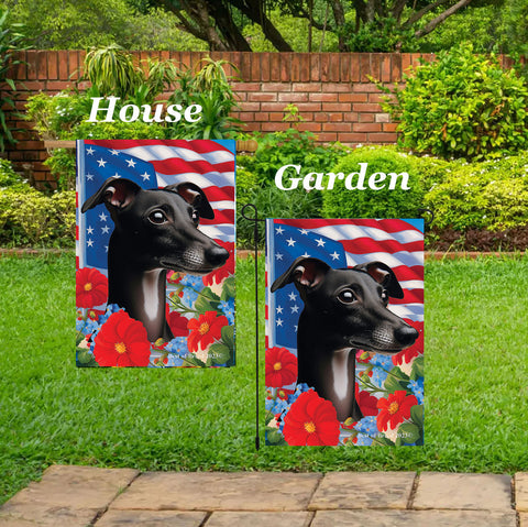 Italian Greyhound Black/White - Best of Breed  Patriotic I All-American Outdoor House and Garden Flag
