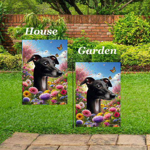 Italian Greyhound Black/White - Best of Breed  Spring Butterflies Outdoor House and Garden Flag