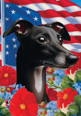 Italian Greyhound Black/White - Best of Breed  Patriotic I All-American Outdoor House and Garden Flag