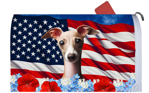 Italian Greyhound Fawn/White - Best of Breed Patriotic Mailbox Cover Hi-Grade Vinyl 6" x 19"