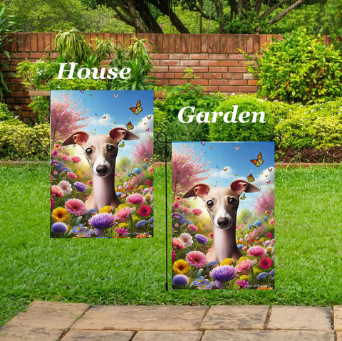 Italian Greyhound Fawn/White - Best of Breed  Spring Butterflies Outdoor House and Garden Flag