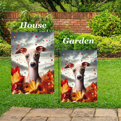Italian Greyhound Fawn/White - Best of Breed  Fall Leaves Outdoor House and Garden Flag