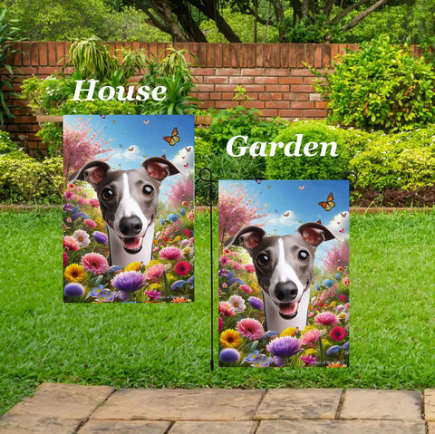 Italian Greyhound Grey/White - Best of Breed  Spring Butterflies Outdoor House and Garden Flag