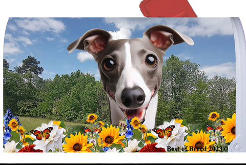 Italian Greyhound Grey/White - Best of Breed Summer Flowers Mailbox Cover Hi-Grade Vinyl 6" x 19"