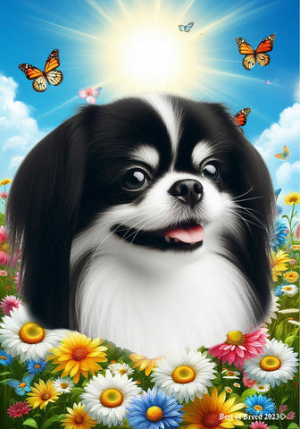Japanese Chin Black/White - Best of Breed  Summer Butterflies Outdoor House and Garden Flag