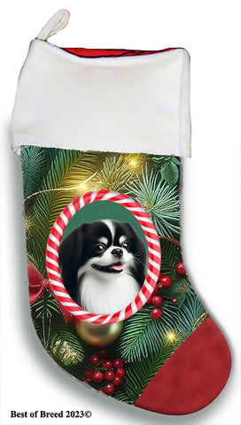 Japanese Chin Black/White - Best of Breed  Christmas Stocking 13.5"  Red Gaming Cloth with Red Lining ,Plush White Cuff