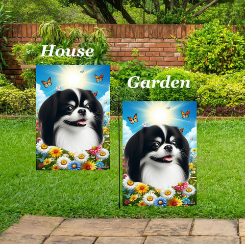 Japanese Chin Black/White - Best of Breed  Summer Butterflies Outdoor House and Garden Flag