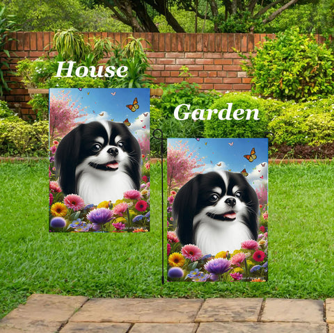 Japanese Chin Black/White - Best of Breed  Spring Butterflies Outdoor House and Garden Flag
