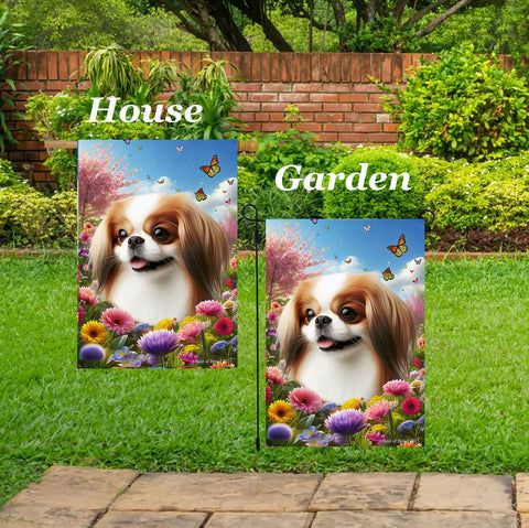 Japanese Chin Red/White - Best of Breed  Spring Butterflies Outdoor House and Garden Flag
