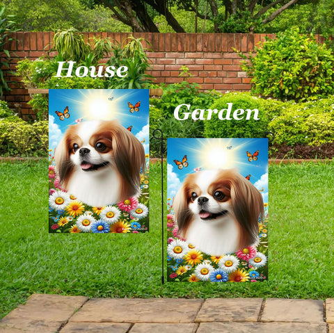 Japanese Chin Red/White - Best of Breed  Summer Butterflies Outdoor House and Garden Flag