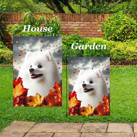 Japanese Spitz -  Best of Breed  Fall Leaves Outdoor House and Garden Flag