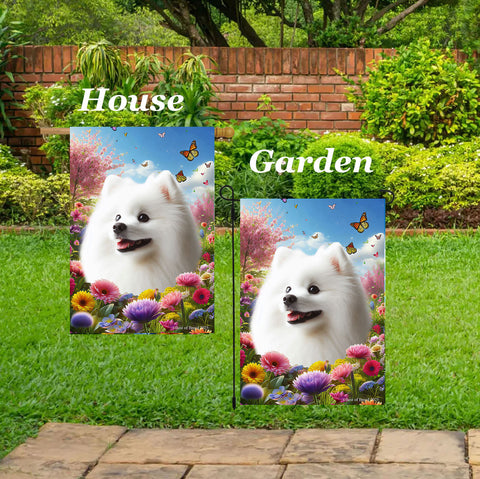 Japanese Spitz -  Best of Breed  Spring Butterflies Outdoor House and Garden Flag