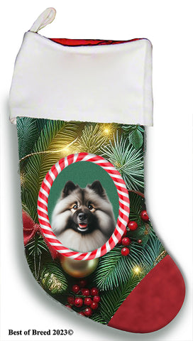 Keeshond - Best of Breed  Christmas Stocking 13.5"  Red Gaming Cloth with Red Lining ,Plush White Cuff