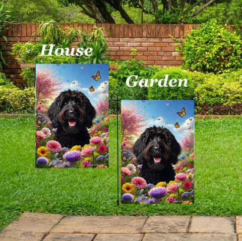 Labradoodle Black - Best of Breed  Spring Butterflies Outdoor House and Garden Flag