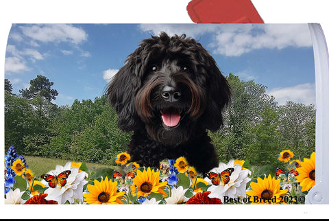 Labradoodle Black - Best of Breed Summer Flowers Mailbox Cover Hi-Grade Vinyl 6" x 19"