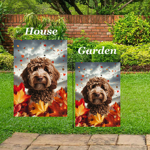 Labradoodle Chocolate - Best of Breed  Fall Leaves Outdoor House and Garden Flag