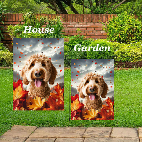 Labradoodle Red - Best of Breed  Fall Leaves Outdoor House and Garden Flag