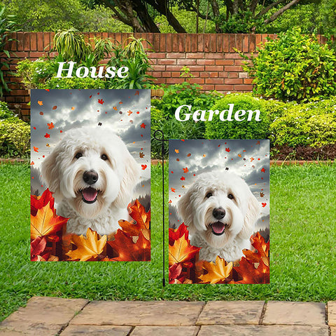 Labradoodle White -   Best of Breed  Fall Leaves Outdoor House and Garden Flag
