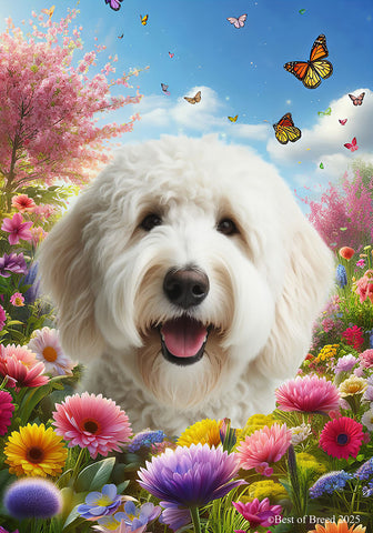 Labradoodle White -   Best of Breed  Spring Butterflies Outdoor House and Garden Flag