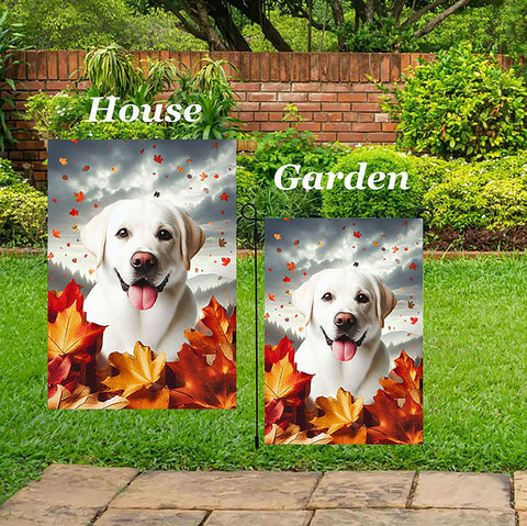 White Labrador -  Best of Breed  Fall Leaves Outdoor House and Garden Flag