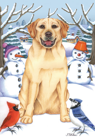 Yellow Labrador- Best of Breed Tomoyo Pitcher Winter Snowman Garden Flag 12" x 17"