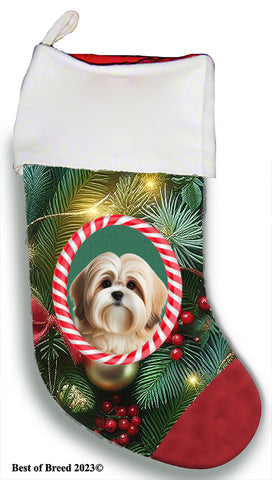Lhasa Apso Cream/Sable - Best of Breed  Christmas Stocking 13.5"  Red Gaming Cloth with Red Lining ,Plush White Cuff