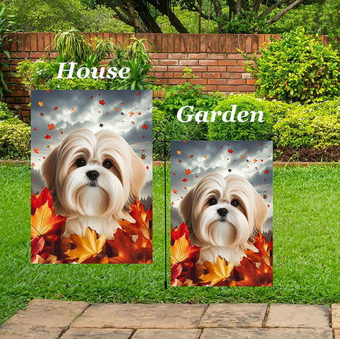Lhasa Apso Cream/Sable - Best of Breed  Fall Leaves Outdoor House and Garden Flag